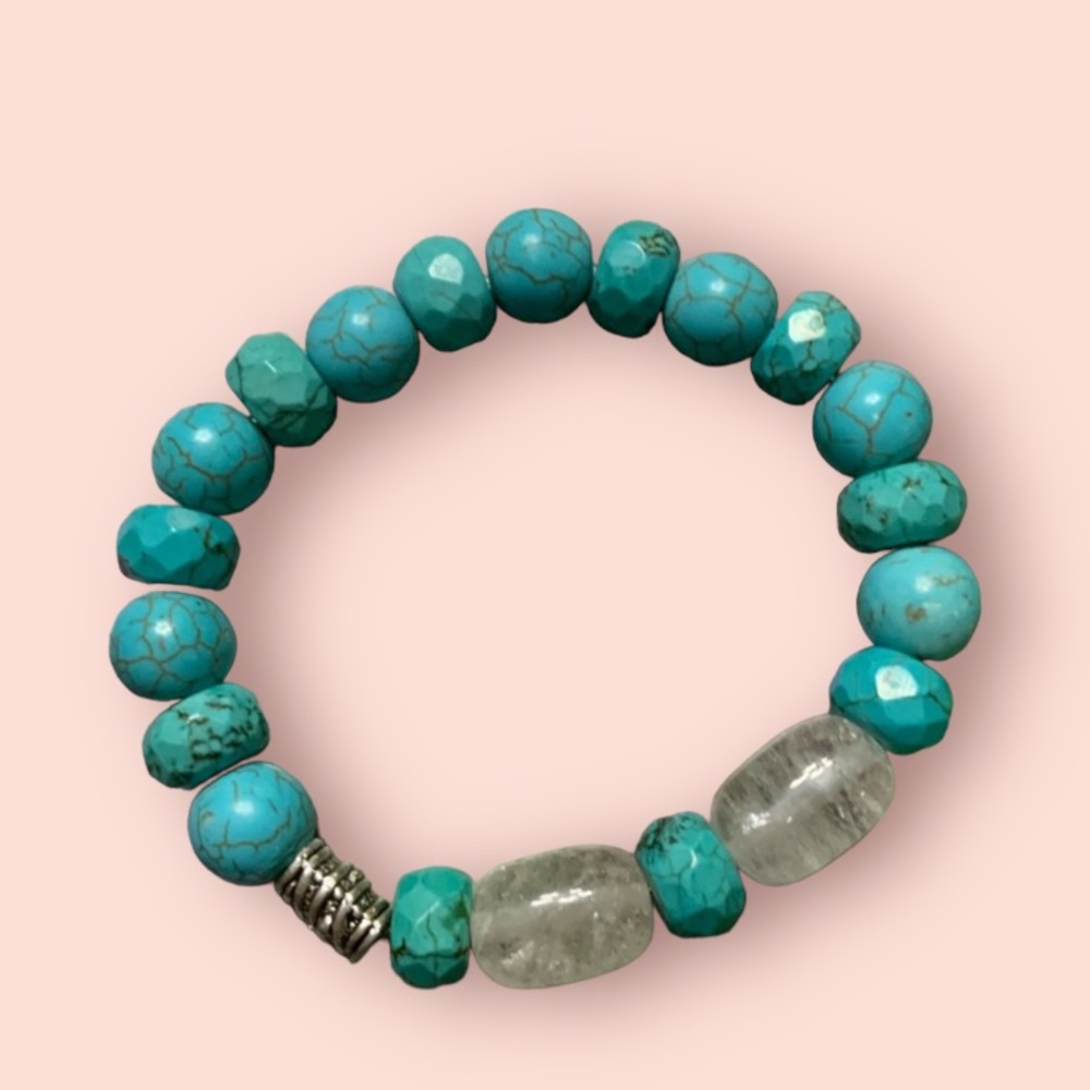 Turquoise Gemstone Beads & Quartz Stretch Bracelet - Handcrafted